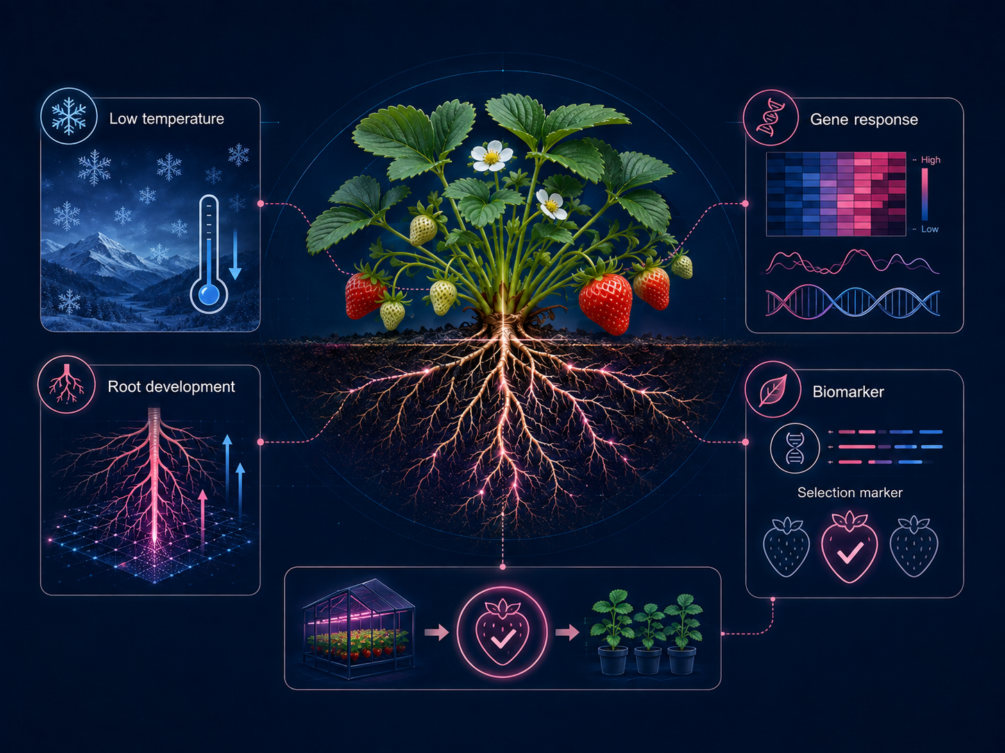 Low-temperature response, root development, gene response and biomarker selection in strawberry