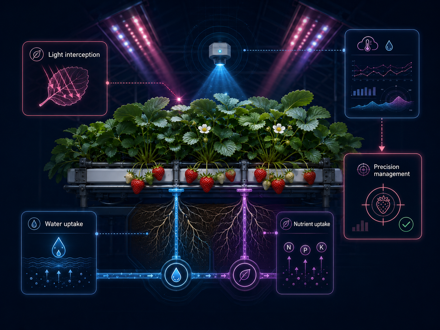 Precision strawberry management integrating light interception, water uptake, nutrient uptake and sensing