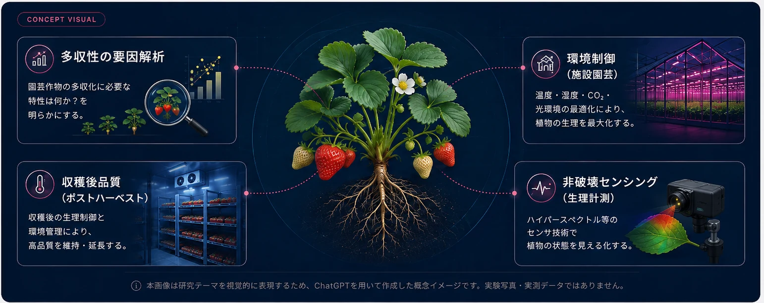 多収性の要因解析、環境制御、収穫後品質、非破壊センシングを示した研究コンセプト図